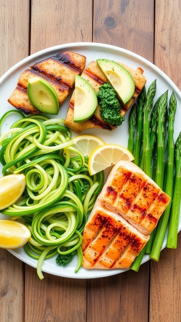 A plate of grilled chicken with avocado, zucchini noodles with pesto, and salmon with asparagus, garnished with lemon.
